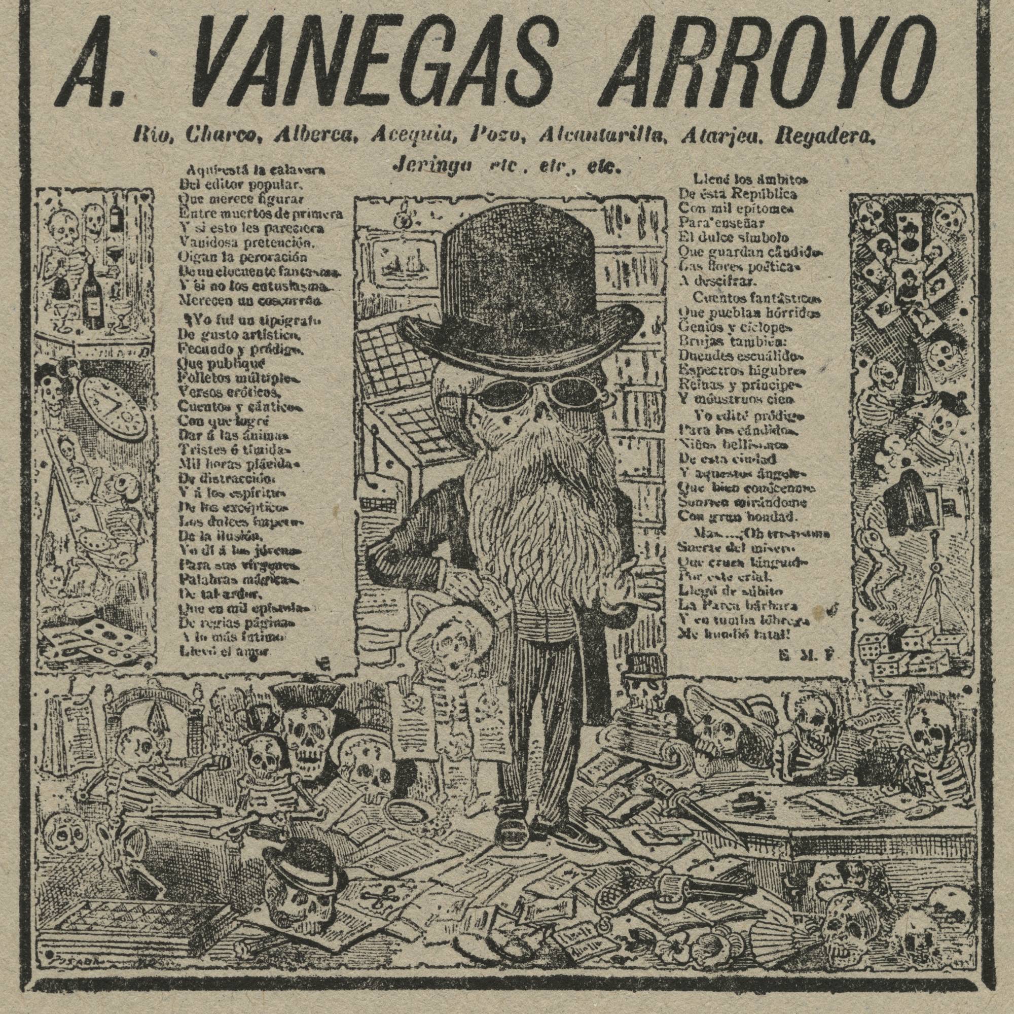 reproduction of newspaper print with bearded skeleton dressed in bowler hat and suit